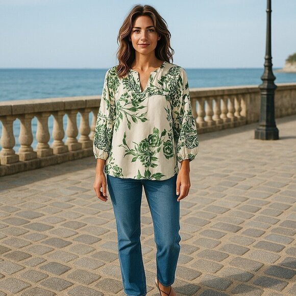 Anthropologie Tops - Vineet Bahl Anthropologie Tunic Blouse Top Embroidered Floral Linen Womens XS